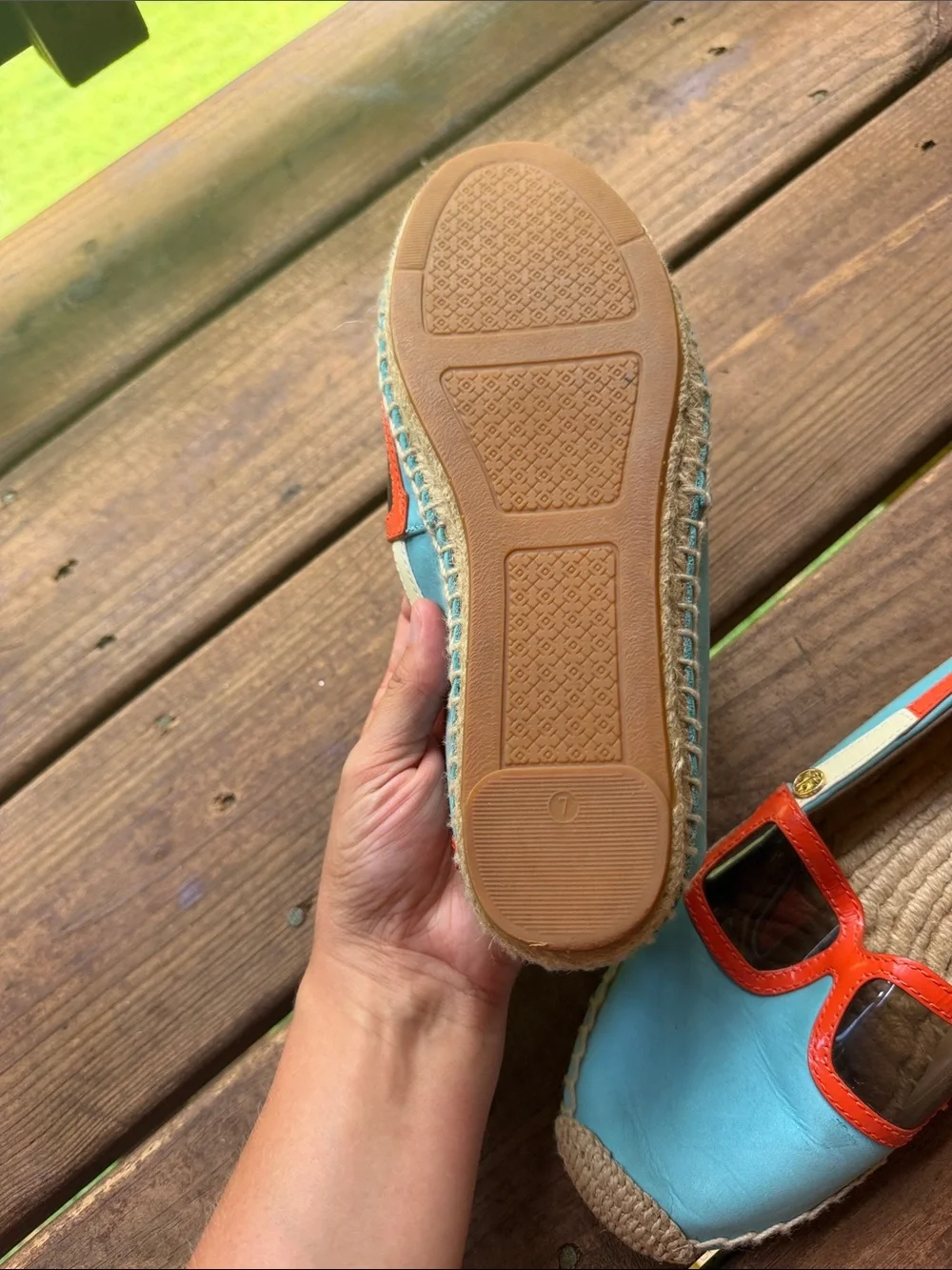 Tory Burch Aqua and Orange Slip-On Espadrilles